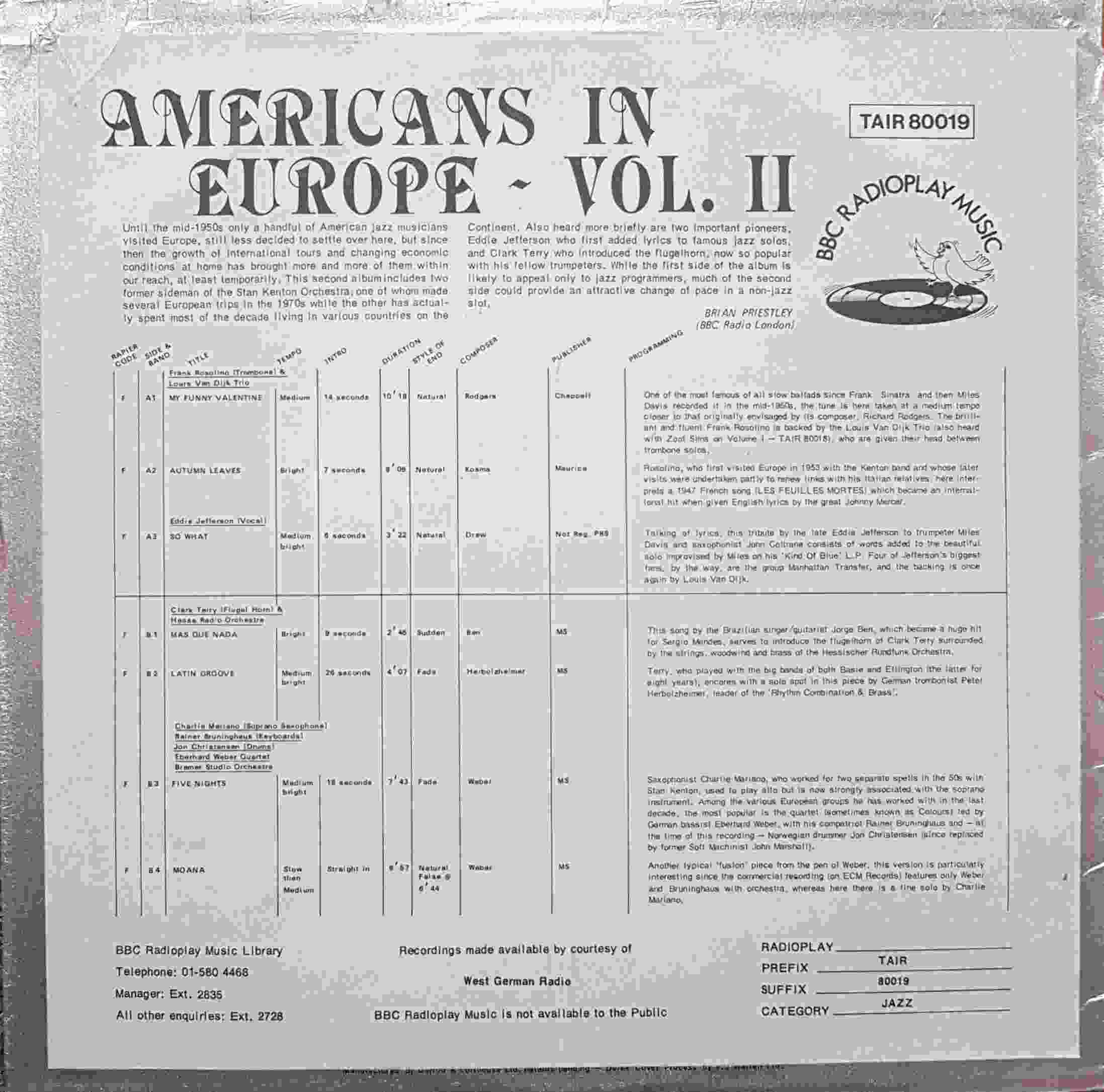 Picture of TAIR 80019 Americans in Europe - Vol. 2 by artist Various from the BBC records and Tapes library